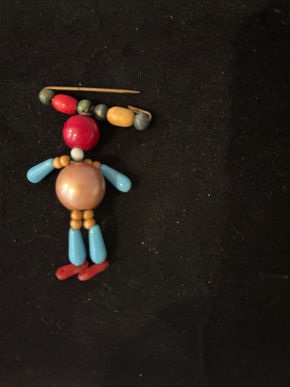 Vintage Multicolor Bead Doll Brooch - Blue & Red & Gold